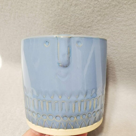 Ceramic Plant Pot, Blue Glaze, Face Shape, Whimsical Eclectic Coastal Boho Decor - Picture 1 of 8
